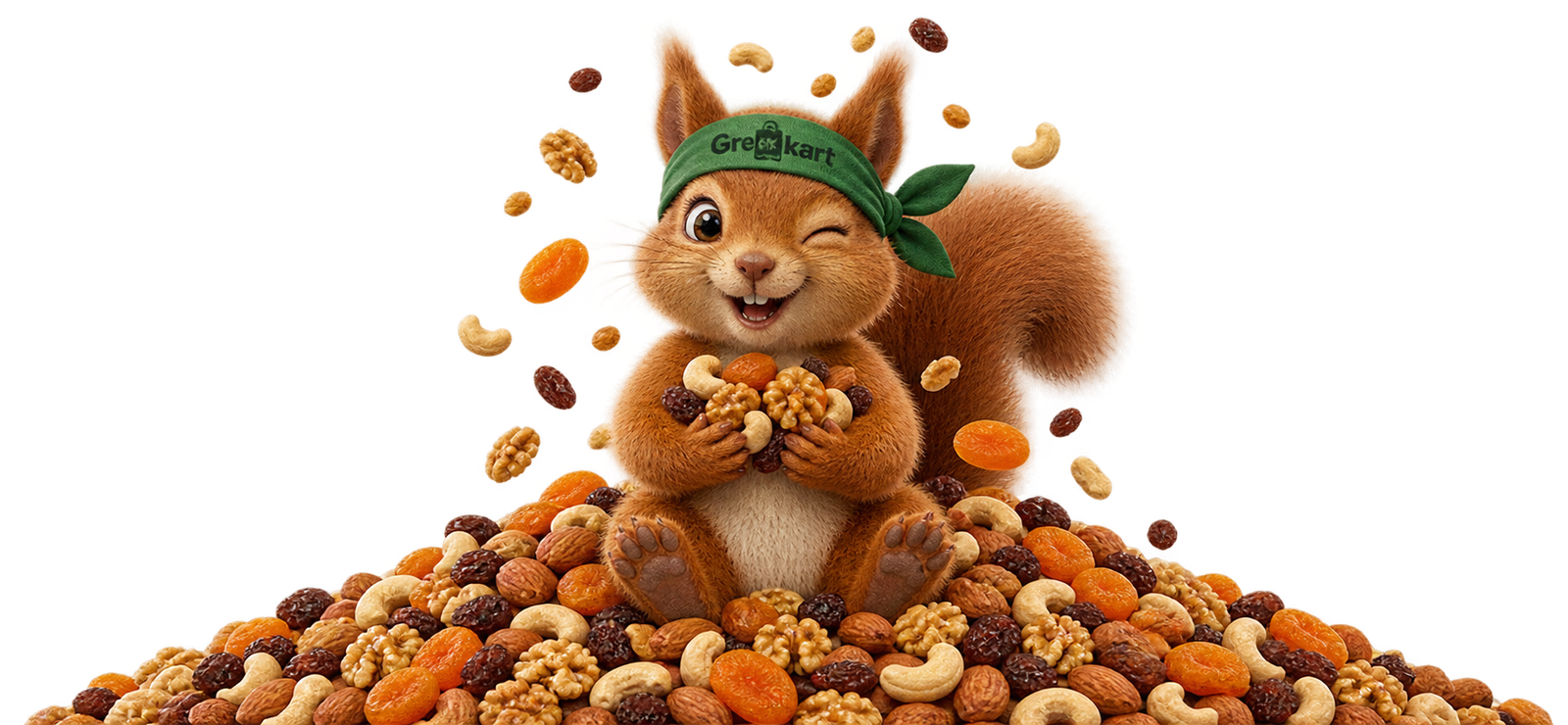 Grocykart squirrel mascot with dry fruits